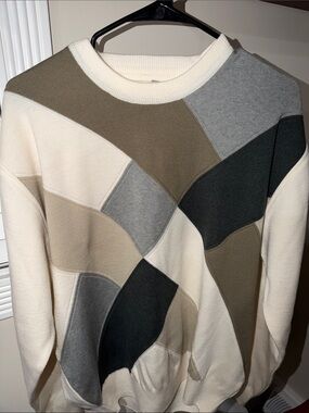 Men’s Patchwork Crewneck Sweater in Cream and Olive-Neutral Panels
